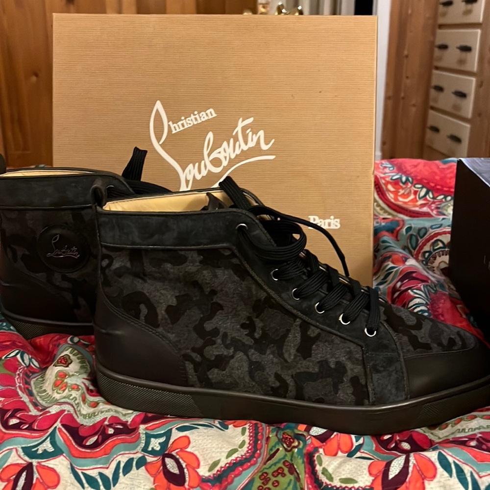 Christian Louboutin men’s high-top sneakers, black and gray camo